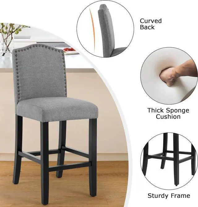 Alt view image 4 of 7 - LSSBOUGHT 24 Inches Counter Height Bar Stools Set of 2 Studded Kitchen Island Chairs with Back Nailhead Barstools with Solid Wood Legs, Set of 2(Gray)