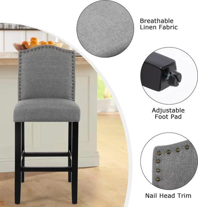 Alt view image 5 of 7 - LSSBOUGHT 24 Inches Counter Height Bar Stools Set of 2 Studded Kitchen Island Chairs with Back Nailhead Barstools with Solid Wood Legs, Set of 2(Gray)