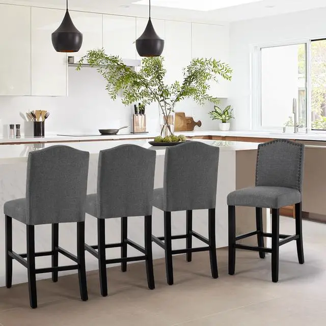 Alt view image 6 of 7 - LSSBOUGHT 24 Inches Counter Height Bar Stools Set of 2 Studded Kitchen Island Chairs with Back Nailhead Barstools with Solid Wood Legs, Set of 2(Gray)