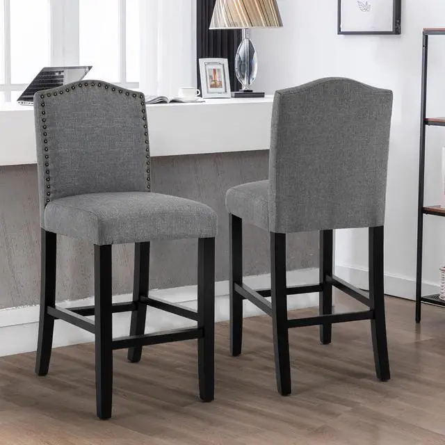 Alt view image 7 of 7 - LSSBOUGHT 24 Inches Counter Height Bar Stools Set of 2 Studded Kitchen Island Chairs with Back Nailhead Barstools with Solid Wood Legs, Set of 2(Gray)