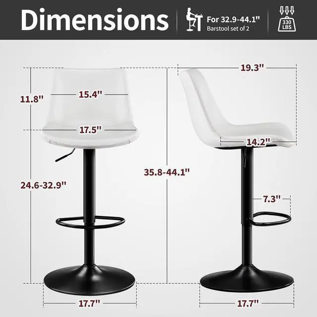 Alt view image 2 of 7 - Adjustable Bar Stools Set of 2 Microfiber Leather Counter Height Bar Stools with Back/Metal Base Swivel Tall Bar Chairs Heavy Duty Counter Stools for Kitchen Island Bistro White(24-33 Inch)