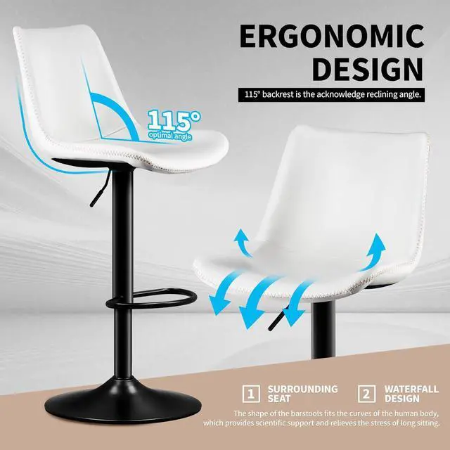 Alt view image 5 of 7 - Adjustable Bar Stools Set of 2 Microfiber Leather Counter Height Bar Stools with Back/Metal Base Swivel Tall Bar Chairs Heavy Duty Counter Stools for Kitchen Island Bistro White(24-33 Inch)