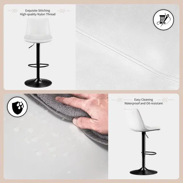Alt view image 6 of 7 - Adjustable Bar Stools Set of 2 Microfiber Leather Counter Height Bar Stools with Back/Metal Base Swivel Tall Bar Chairs Heavy Duty Counter Stools for Kitchen Island Bistro White(24-33 Inch)