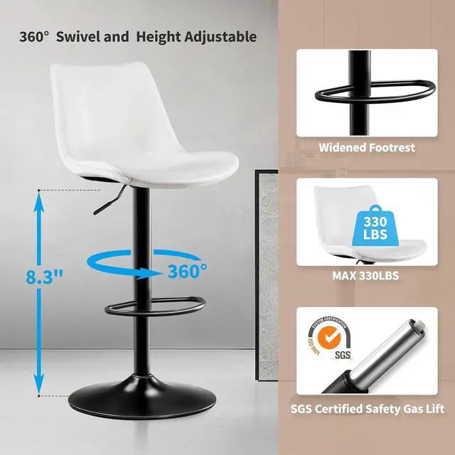 Alt view image 7 of 7 - Adjustable Bar Stools Set of 2 Microfiber Leather Counter Height Bar Stools with Back/Metal Base Swivel Tall Bar Chairs Heavy Duty Counter Stools for Kitchen Island Bistro White(24-33 Inch)