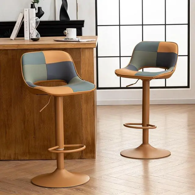 Main image of YOUNIKE Bar Stools Set of 2, Boho Colorful Patchwork Barstools, Adjustable Swivel Counter Height Bar Stool Faux Leather Upholstered Barstool with Back, Compact Bar Chair for Kitchen Island, TanGreen