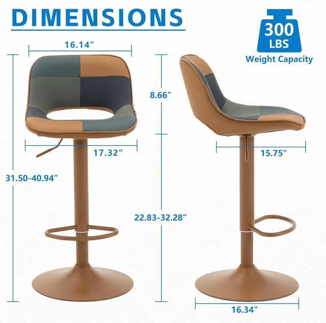 Alt view image 2 of 7 - YOUNIKE Bar Stools Set of 2, Boho Colorful Patchwork Barstools, Adjustable Swivel Counter Height Bar Stool Faux Leather Upholstered Barstool with Back, Compact Bar Chair for Kitchen Island, TanGreen
