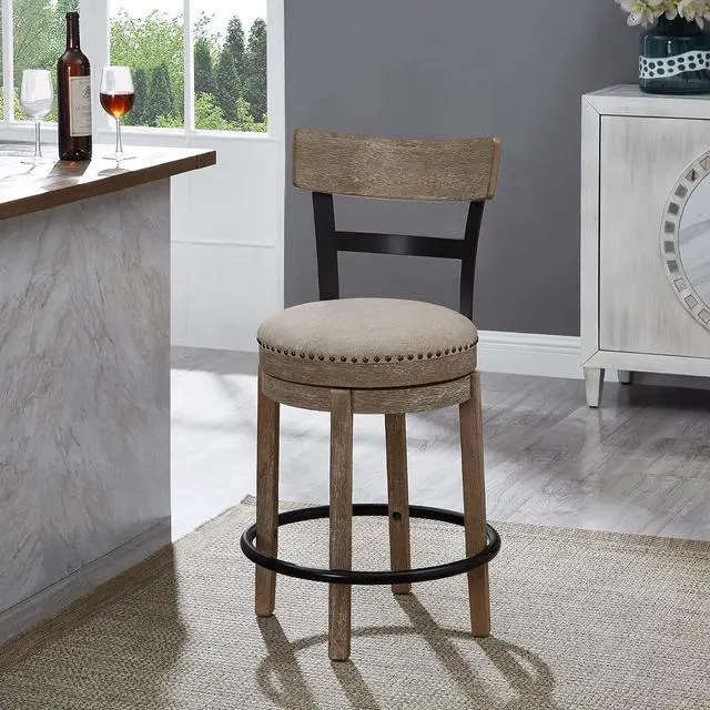 Alt view image 2 of 7 - Ball & Cast Swivel Counter Height Barstool 24 Inch Seat Height Taupe fabric with nailhead trim Set of 1