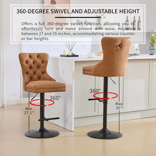 Alt view image 2 of 6 - Orange PU Leather Swivel Bar Stools Set of 2 with Upholstered Back, Adjustable Counter Height Barstools, Bar Chairs for Home Bar Kitchen Island Pub Restaurant (PU, 2 Pcs, Orange)