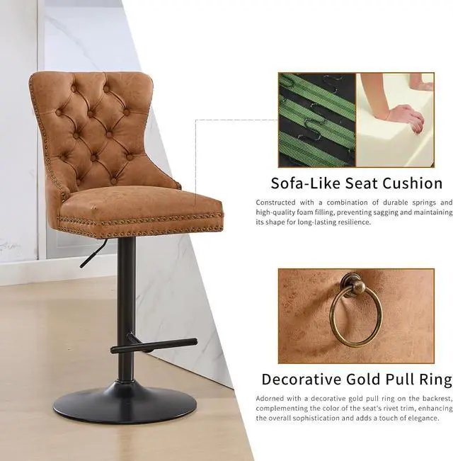 Alt view image 4 of 6 - Orange PU Leather Swivel Bar Stools Set of 2 with Upholstered Back, Adjustable Counter Height Barstools, Bar Chairs for Home Bar Kitchen Island Pub Restaurant (PU, 2 Pcs, Orange)