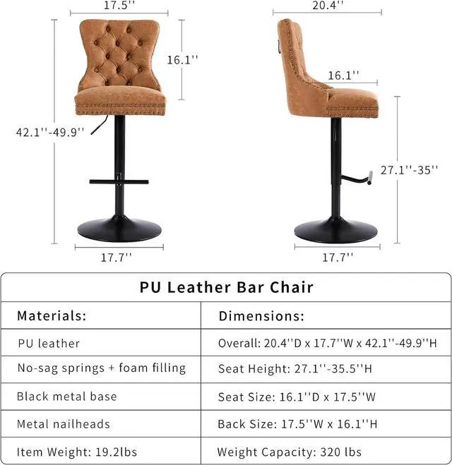 Alt view image 6 of 6 - Orange PU Leather Swivel Bar Stools Set of 2 with Upholstered Back, Adjustable Counter Height Barstools, Bar Chairs for Home Bar Kitchen Island Pub Restaurant (PU, 2 Pcs, Orange)