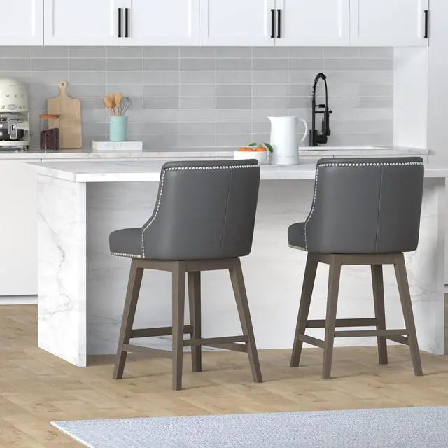 Alt view image 2 of 7 - CHITA Counter Height Swivel Barstools, FSC Certified 26" H Seat Height Upholstered Bar Stools Set of 2, Faux Leather in Black