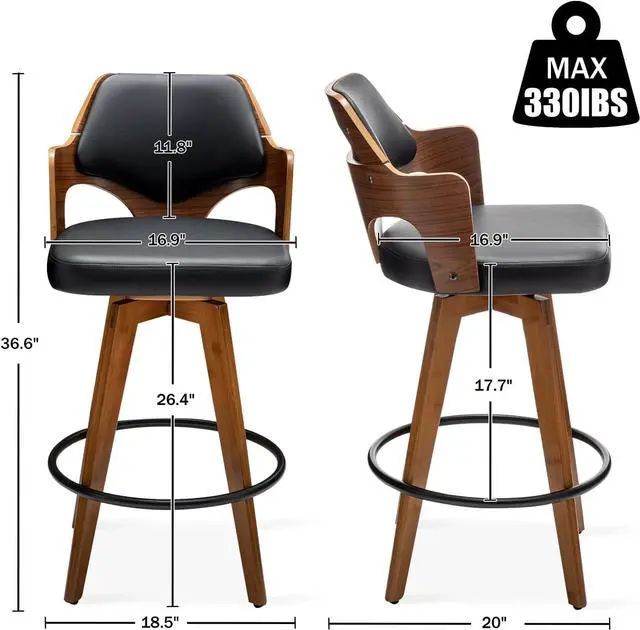 Alt view image 2 of 7 - Swivel Bar Stools Set of 2,Counter Height Bar Stools,Upholstered Bar Chair with Bamboo Legs,Low Back Counter Stools for Kitchen Island (Black-PU)