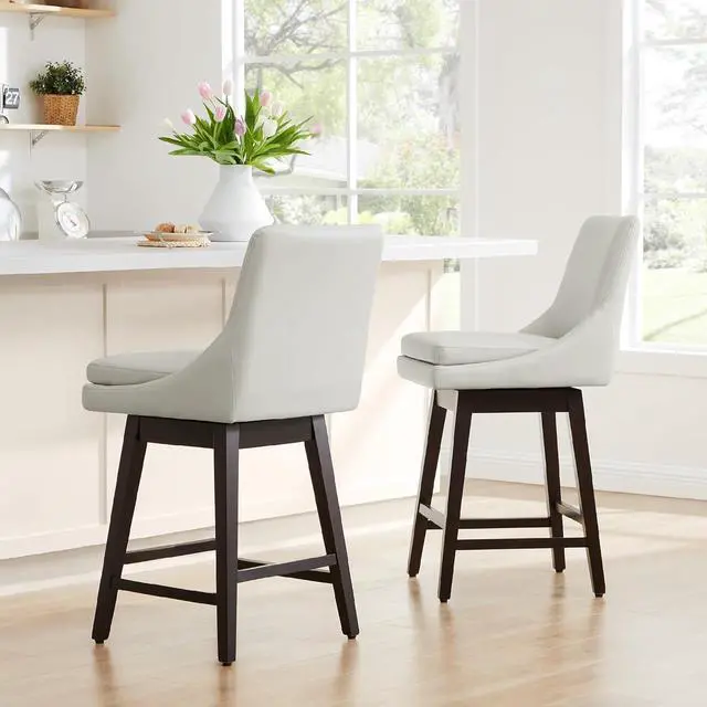 Alt view image 2 of 7 - CHITA Counter Height Swivel Bar Stools with Back Set of 2, FSC Certified Upholstered Faux Leather Swivel Barstool, 26.8" H Seat Height, PU Leather in Creamy Gray