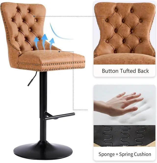 Alt view image 4 of 7 - Bar stools Set of 4, Modern Swivel Bar Chairs with Thickened Cushion, Adjustable Counter Height Barstools with Upholstered Back, Easy Assembly for Kitchen Counter Home Bar (PU, Orange)