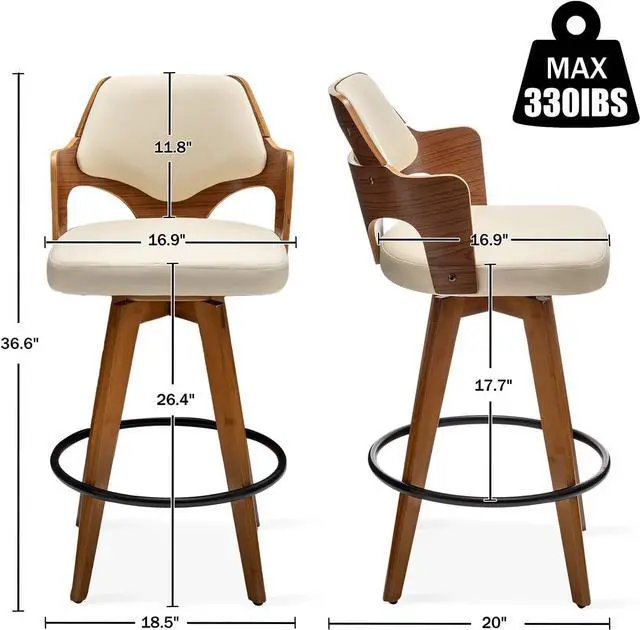 Alt view image 2 of 7 - Swivel Bar Stools Set of 2,Counter Height Bar Stools,Upholstered Bar Chair with Bamboo Legs,Low Back Counter Stools for Kitchen Island (Beige-Pu)