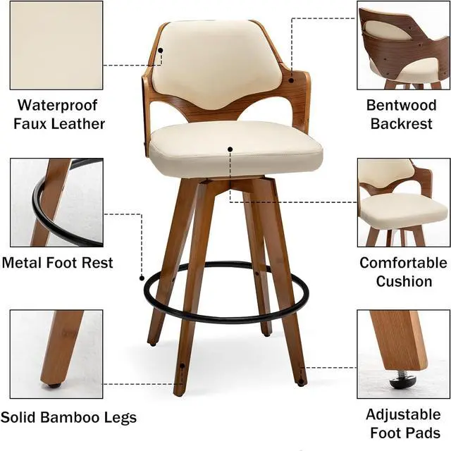 Alt view image 3 of 7 - Swivel Bar Stools Set of 2,Counter Height Bar Stools,Upholstered Bar Chair with Bamboo Legs,Low Back Counter Stools for Kitchen Island (Beige-Pu)