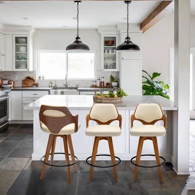 Alt view image 4 of 7 - Swivel Bar Stools Set of 2,Counter Height Bar Stools,Upholstered Bar Chair with Bamboo Legs,Low Back Counter Stools for Kitchen Island (Beige-Pu)