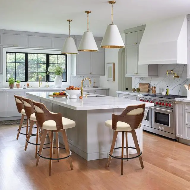 Alt view image 5 of 7 - Swivel Bar Stools Set of 2,Counter Height Bar Stools,Upholstered Bar Chair with Bamboo Legs,Low Back Counter Stools for Kitchen Island (Beige-Pu)