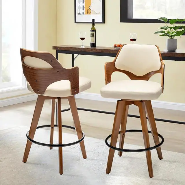 Alt view image 6 of 7 - Swivel Bar Stools Set of 2,Counter Height Bar Stools,Upholstered Bar Chair with Bamboo Legs,Low Back Counter Stools for Kitchen Island (Beige-Pu)