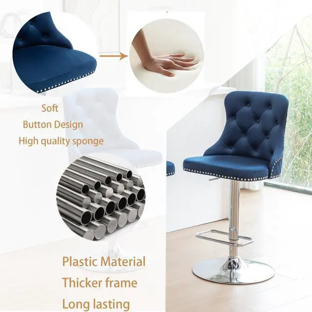 Alt view image 3 of 6 - Velvet Bar Stools Set of 4, Counter Height Barstools with Nailheads Trim, Pull Ring, Swivel Bar Stools for Kitchen Island, Bar Pub (Blue)