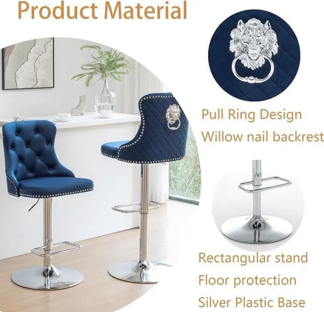 Alt view image 4 of 6 - Velvet Bar Stools Set of 4, Counter Height Barstools with Nailheads Trim, Pull Ring, Swivel Bar Stools for Kitchen Island, Bar Pub (Blue)