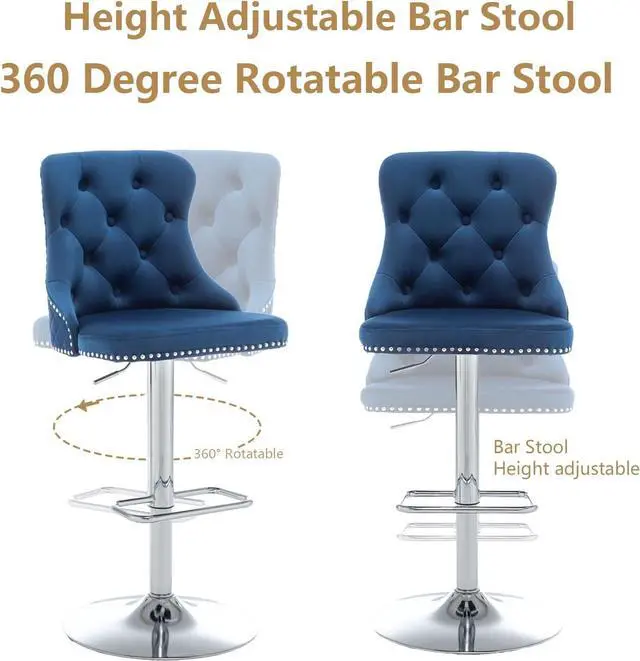 Alt view image 5 of 6 - Velvet Bar Stools Set of 4, Counter Height Barstools with Nailheads Trim, Pull Ring, Swivel Bar Stools for Kitchen Island, Bar Pub (Blue)