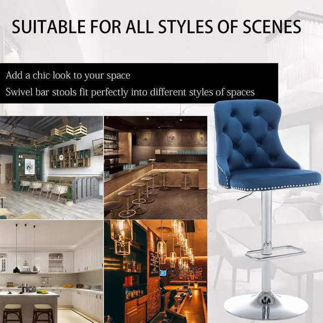 Alt view image 6 of 6 - Velvet Bar Stools Set of 4, Counter Height Barstools with Nailheads Trim, Pull Ring, Swivel Bar Stools for Kitchen Island, Bar Pub (Blue)