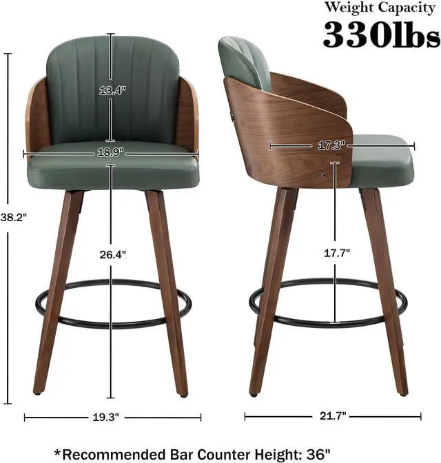 Alt view image 2 of 7 - Counter Height Bar Stools,26" Swivel Bar Stools with Back and Arms,Leather Barstools Set of 2,Upholstered Counter Stools for Kitchen Island,Green