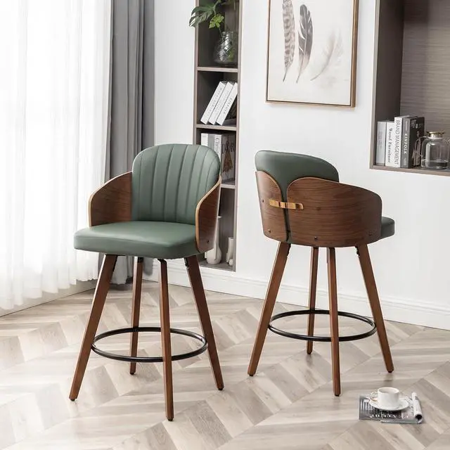 Alt view image 3 of 7 - Counter Height Bar Stools,26" Swivel Bar Stools with Back and Arms,Leather Barstools Set of 2,Upholstered Counter Stools for Kitchen Island,Green