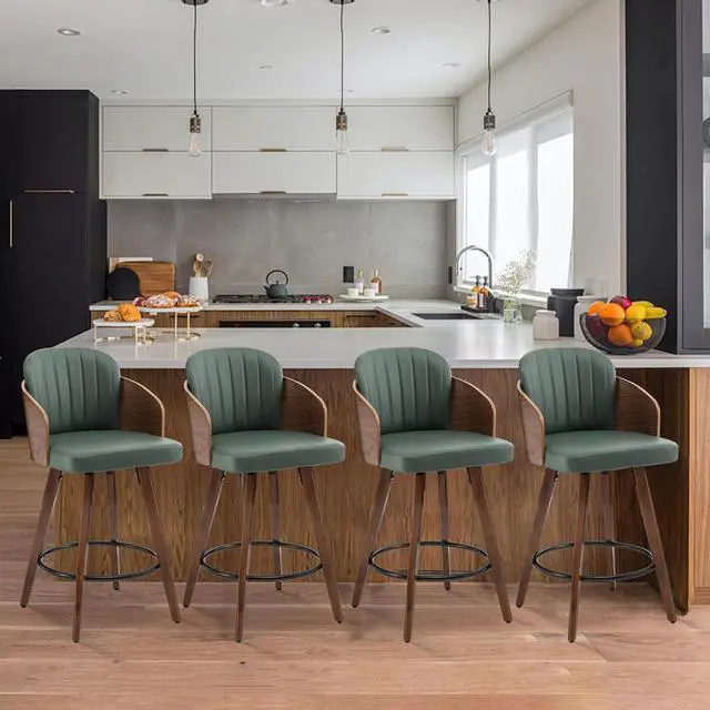 Alt view image 5 of 7 - Counter Height Bar Stools,26" Swivel Bar Stools with Back and Arms,Leather Barstools Set of 2,Upholstered Counter Stools for Kitchen Island,Green