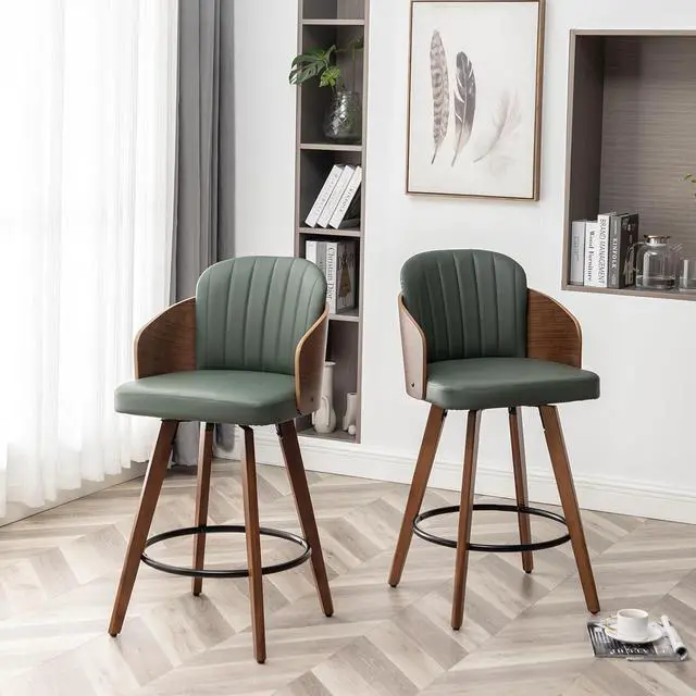 Alt view image 7 of 7 - Counter Height Bar Stools,26" Swivel Bar Stools with Back and Arms,Leather Barstools Set of 2,Upholstered Counter Stools for Kitchen Island,Green