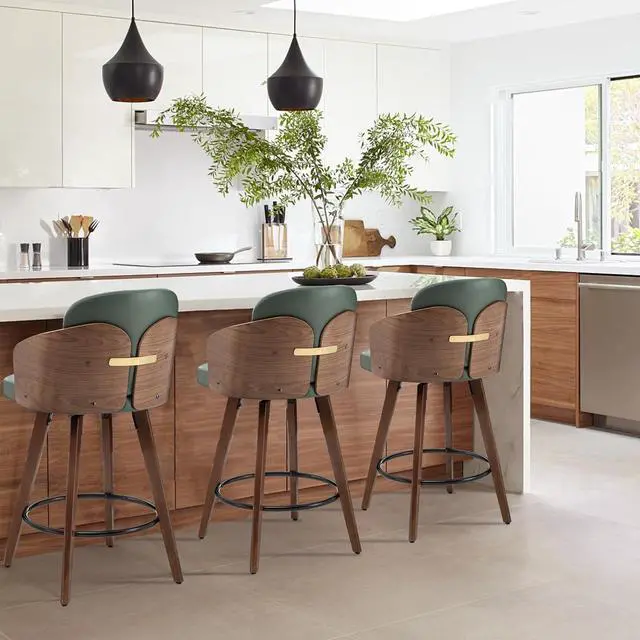 Alt view image 6 of 7 - Counter Height Bar Stools,26" Swivel Bar Stools with Back and Arms,Leather Barstools Set of 2,Upholstered Counter Stools for Kitchen Island,Green