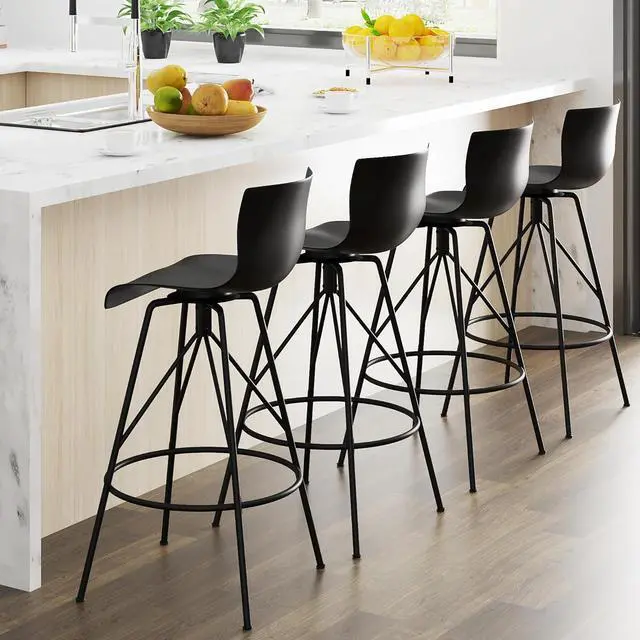 Main image of Awonde Black Bar Stools Set of 4 Swivel Bar Height Barstools with Backs Modern Kitchen Bar Chairs 30" Plastic Seat Metal Legs