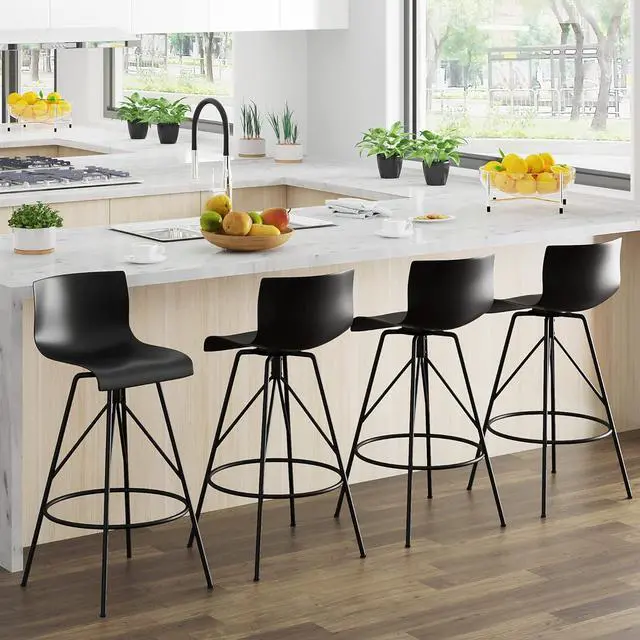Alt view image 3 of 7 - Awonde Black Bar Stools Set of 4 Swivel Bar Height Barstools with Backs Modern Kitchen Bar Chairs 30" Plastic Seat Metal Legs