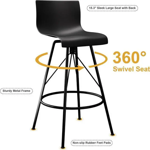 Alt view image 4 of 7 - Awonde Black Bar Stools Set of 4 Swivel Bar Height Barstools with Backs Modern Kitchen Bar Chairs 30" Plastic Seat Metal Legs