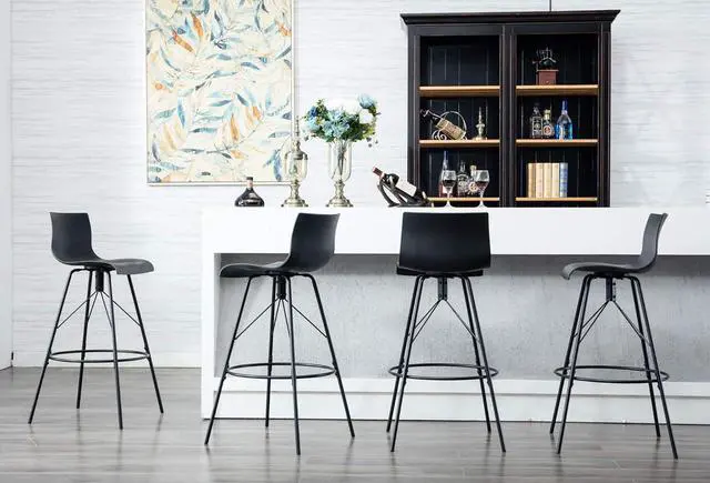 Alt view image 6 of 7 - Awonde Black Bar Stools Set of 4 Swivel Bar Height Barstools with Backs Modern Kitchen Bar Chairs 30" Plastic Seat Metal Legs