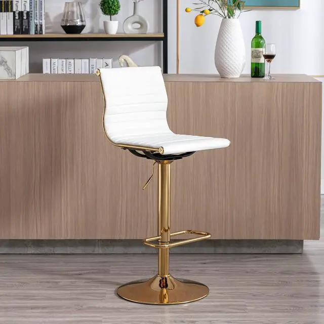 Alt view image 2 of 7 - chairus Modern Swivel Bar Stools Chairs Set of 3, Adjustable Counter Height Barstools Armless PU Leather Stools with Footrest and Back Handle for Living Room Kitchen Island, Gold Base, White - 3PCS