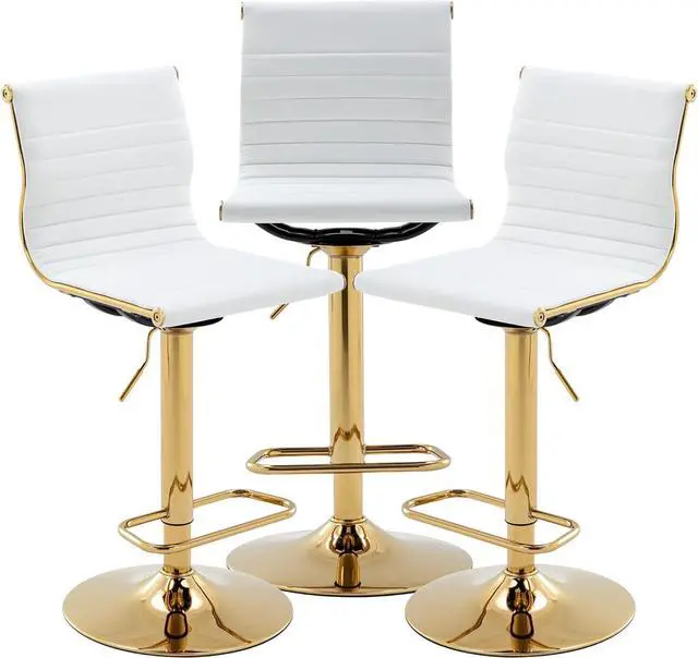 Main image of chairus Modern Swivel Bar Stools Chairs Set of 3, Adjustable Counter Height Barstools Armless PU Leather Stools with Footrest and Back Handle for Living Room Kitchen Island, Gold Base, White - 3PCS