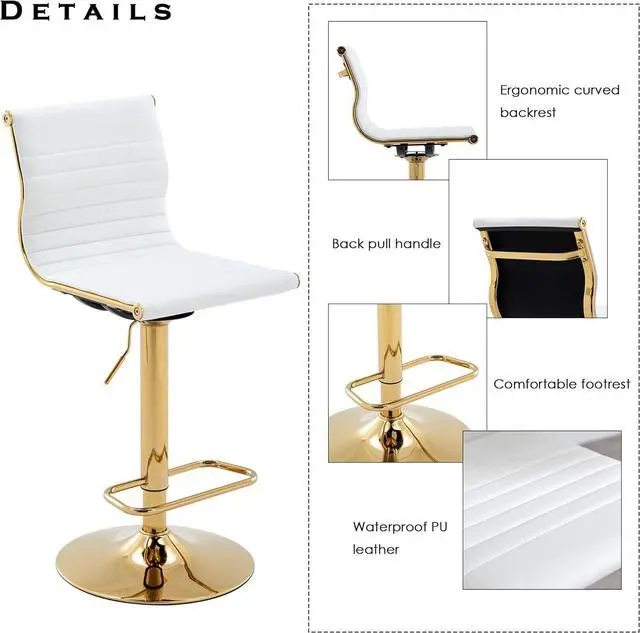 Alt view image 4 of 7 - chairus Modern Swivel Bar Stools Chairs Set of 3, Adjustable Counter Height Barstools Armless PU Leather Stools with Footrest and Back Handle for Living Room Kitchen Island, Gold Base, White - 3PCS