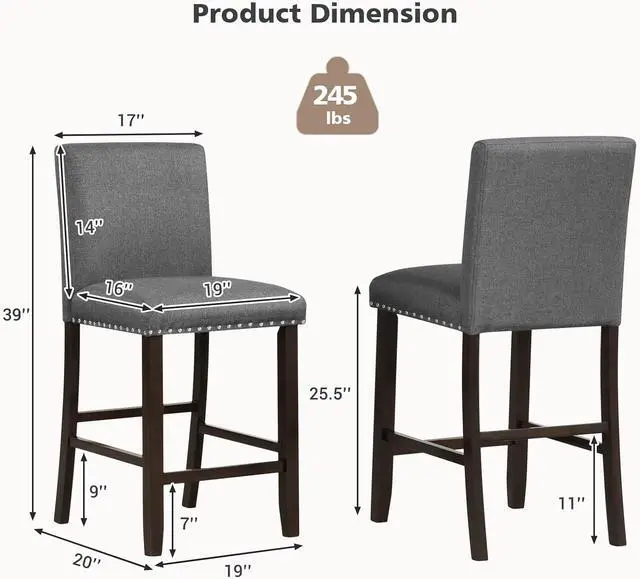 Alt view image 3 of 7 - COSTWAY Bar Stools Set of 2, 25.5 Linen Fabric Armless Counter Height Chair with Back, Kitchen Island Breakfast Chair for Dining Room, Party Room & Restaurant (2, Grey)