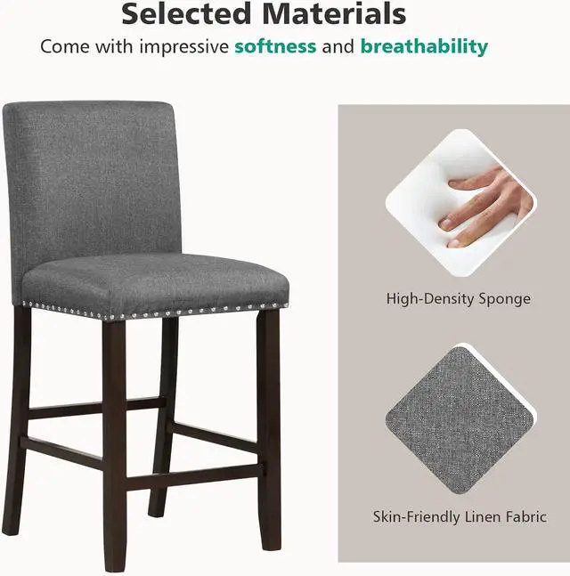 Alt view image 6 of 7 - COSTWAY Bar Stools Set of 2, 25.5 Linen Fabric Armless Counter Height Chair with Back, Kitchen Island Breakfast Chair for Dining Room, Party Room & Restaurant (2, Grey)