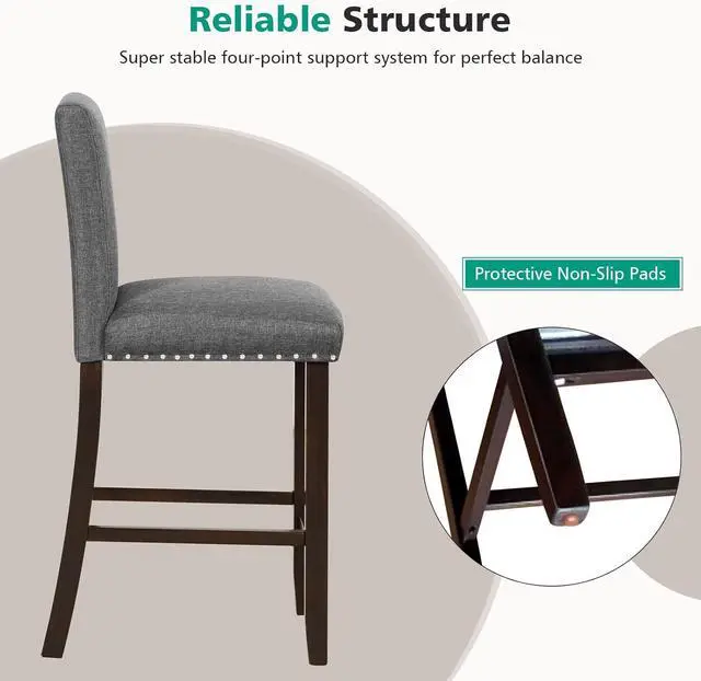 Alt view image 7 of 7 - COSTWAY Bar Stools Set of 2, 25.5 Linen Fabric Armless Counter Height Chair with Back, Kitchen Island Breakfast Chair for Dining Room, Party Room & Restaurant (2, Grey)