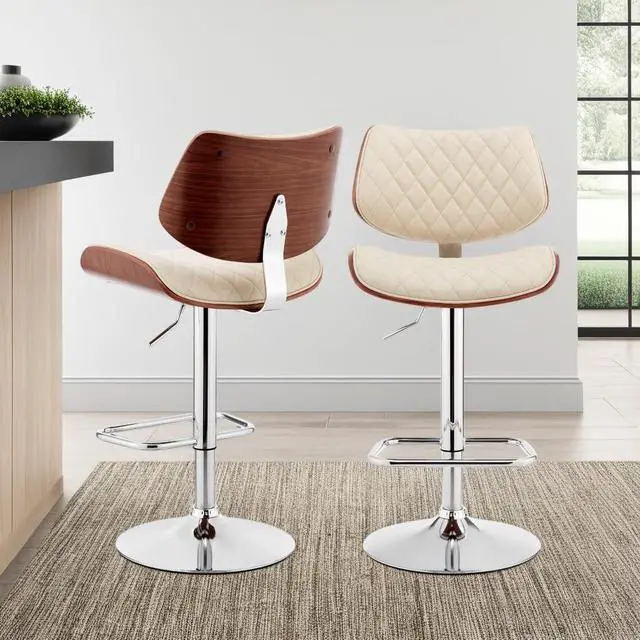 Alt view image 2 of 7 - Armen Living Leland Adjustable Cream Faux Leather and Chrome Finish Bar Stool