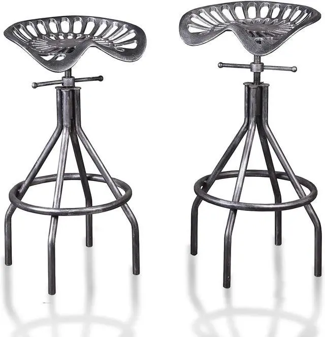 Main image of Set of 2 Rustic Industrial Bar Stool-Cast Iron Tractor Seat Stool-Adjustable Counter Height Swivel Breakfast Bar Stool-Rustic Farmhouse Metal Stool-24-30 Inch Seat Height(Brush Silver)