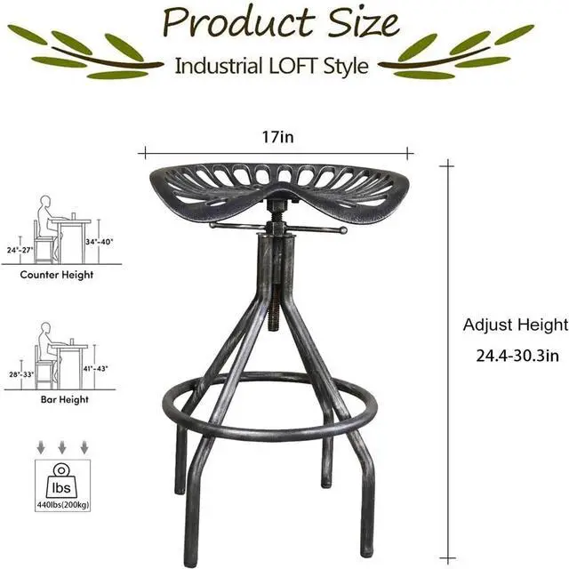 Alt view image 2 of 7 - Set of 2 Rustic Industrial Bar Stool-Cast Iron Tractor Seat Stool-Adjustable Counter Height Swivel Breakfast Bar Stool-Rustic Farmhouse Metal Stool-24-30 Inch Seat Height(Brush Silver)