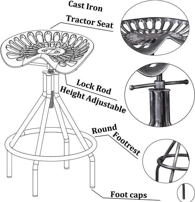 Alt view image 3 of 7 - Set of 2 Rustic Industrial Bar Stool-Cast Iron Tractor Seat Stool-Adjustable Counter Height Swivel Breakfast Bar Stool-Rustic Farmhouse Metal Stool-24-30 Inch Seat Height(Brush Silver)