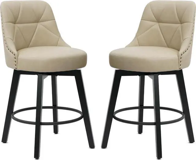 Main image of Swivel Bar Stools with Back Set of 2, 26 inch Faux Leather Upholstered Counter Height Bar Stools for Kitchen Island, Round Footrest, Solid Wood Legs