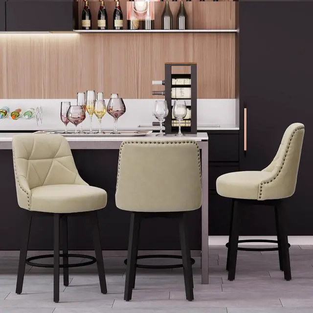 Alt view image 2 of 7 - Swivel Bar Stools with Back Set of 2, 26 inch Faux Leather Upholstered Counter Height Bar Stools for Kitchen Island, Round Footrest, Solid Wood Legs