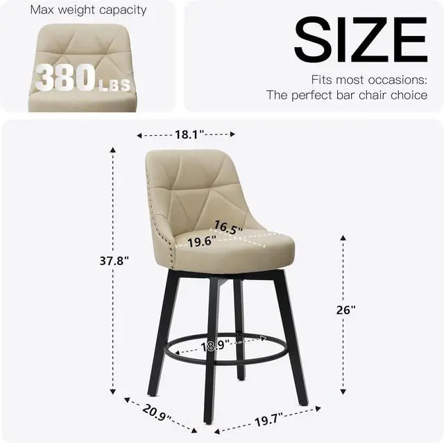 Alt view image 3 of 7 - Swivel Bar Stools with Back Set of 2, 26 inch Faux Leather Upholstered Counter Height Bar Stools for Kitchen Island, Round Footrest, Solid Wood Legs
