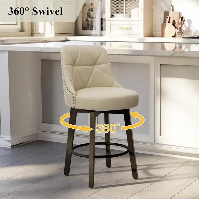 Alt view image 4 of 7 - Swivel Bar Stools with Back Set of 2, 26 inch Faux Leather Upholstered Counter Height Bar Stools for Kitchen Island, Round Footrest, Solid Wood Legs